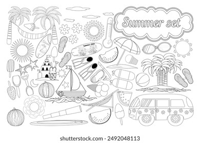 Detailed summer set coloring page featuring various beach and vacation elements. Perfect for kids and adults to enjoy and relax.