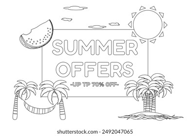 A detailed summer-themed coloring page featuring palm trees, a hammock, a sun, and a watermelon slice, perfect for kids and adults.