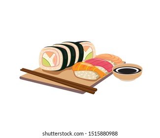 Detailed Sushi the Japanese Food with Chopsticks Illustration