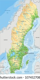 Detailed Sweden physical map.