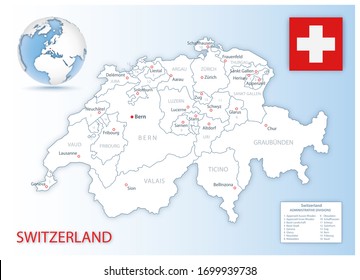 Detaillierte Schweiz-Verwaltungskarte mit Landesflagge und Lage auf einem blauen Globus. Vektorillustration