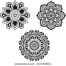 A detailed, symmetrical black and white mandala design featuring intricate patterns and shapes.