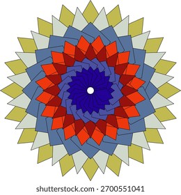 Um design circular detalhado e simétrico com padrões intrincados e uma rica paleta de cores CMYK e específicas.