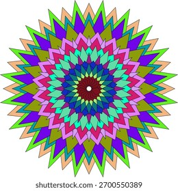 A detailed and symmetrical circular mandala pattern featuring a complex arrangement of geometric shapes and lines in a rich color palette.