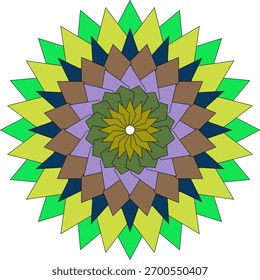 Um padrão circular detalhado e simétrico com um arranjo complexo de formas e linhas geométricas, renderizado em uma paleta de cores CMYK rica.