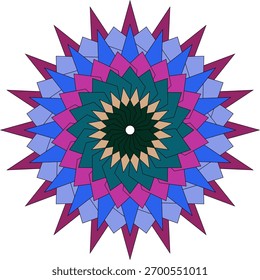 A detailed and symmetrical circular pattern featuring a complex arrangement of geometric shapes and radiating lines, rendered in a full spectrum of colors.