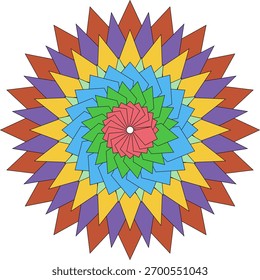 A detailed and symmetrical circular pattern featuring geometric shapes and a rich color palette, perfect for decorative applications.