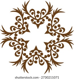Um padrão floral detalhado e simétrico com tons castanhos e dourados, dispostos em um desenho de mandala circular em um fundo branco plano.