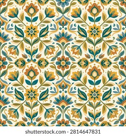 A detailed and symmetrical floral pattern featuring stylized flowers and leaves in a vintage aesthetic with warm colors.