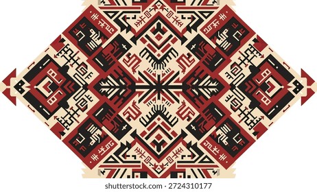 A detailed, symmetrical geometric pattern with intricate ethnic motifs in red, black, and cream colors. Features diamond shapes and abstract symbols.