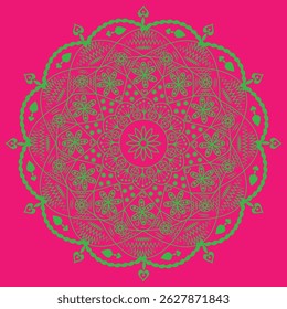 A detailed, symmetrical mandala design in lime green is centered on a hot pink backdrop.