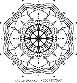 Detailed symmetrical mandala with floral and circular elements. Perfect for coloring pages, mindfulness, relaxation designs, or decorative use. High-quality black and white line art.