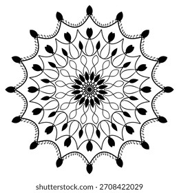 A detailed, symmetrical mandala pattern in black ink on a white background, featuring delicate floral and organic shapes.