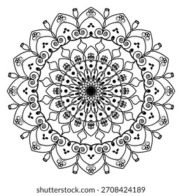 A detailed, symmetrical mandala pattern in black ink on a white background, featuring complex floral and geometric elements.