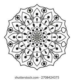 Un patrón de mandala detallado y simétrico en tinta negra sobre un fondo blanco, con motivos florales y geométricos repetitivos.
