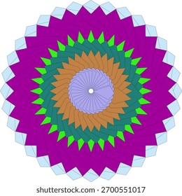 A detailed and symmetrical mandala pattern featuring a blend of CMYK and grayscale elements, with striking red, green, blue, and yellow accents.