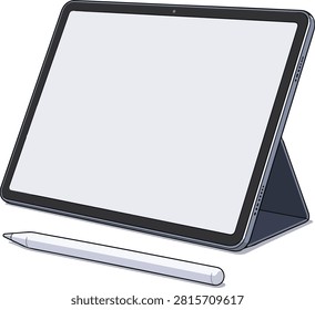 Detailed tablet computer illustration with stylus pen large touchscreen and foldable stand for poster sticker editorial digital workspace and technology design