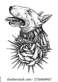 detaillierte Tätowierskizze des Bullterers Staffordshire dog in dot with line work< tattoo art, tattoo , music placard Eps 10