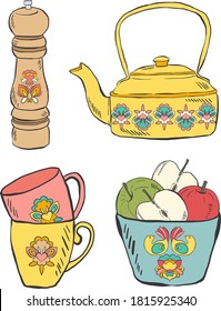 Detailed teapot, mugs, bowl and other kitchen utensils, isolated vector illustrations.