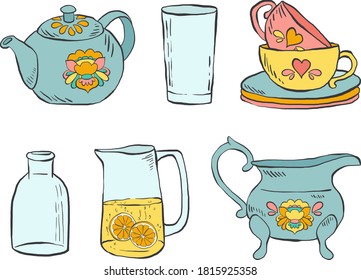 Detailed teapot, mugs, glass and other kitchen utensils, isolated vector illustrations.