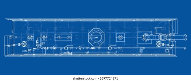 Um plano técnico detalhado com intrincados componentes e estruturas mecânicas, sobre um fundo azul sólido. Vetor. Ilustração 3D