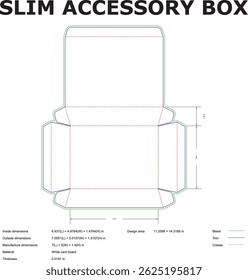 Detailed technical diagram for a slim accessory box packaging layout with measurements and dimension details.