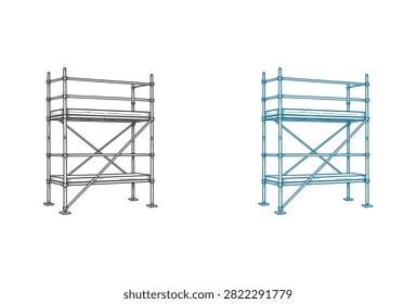A detailed technical drawing and colored illustration of a modular metal scaffolding tower used in construction maintenance and architectural engineering