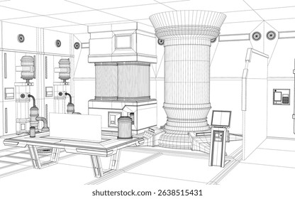 A detailed technical drawing of a complex industrial machine, featuring intricate mechanical components, control panels, and various functional modules. The design emphasizes precision engineering