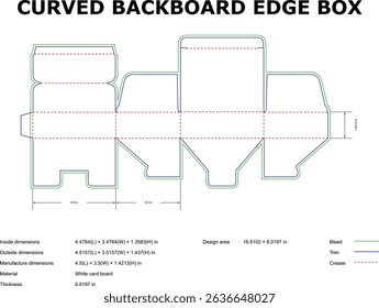 Detailed technical drawing of a curved backboard edge box with measurements and dimensions