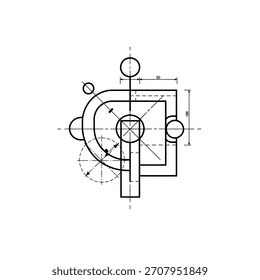 Detailed technical drawing featuring geometric shapes, circles, and dimensions, showcasing a complex design with precise measurements and construction lines.