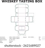 Detailed technical drawing illustration of a whiskey tasting box design plan showcasing dimensions for packaging and box construction