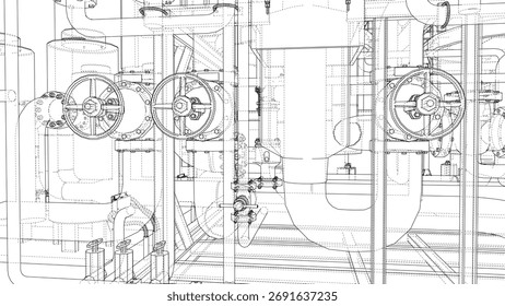 A detailed technical drawing of an industrial pipe system featuring large valves, interconnected pipes, and structural elements in a complex network. Vector. 3D Illustration