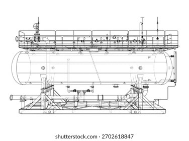 Desenho técnico detalhado de um grande tanque industrial cilíndrico com tubos, válvulas e uma plataforma no topo. Vetor. Ilustração 3D