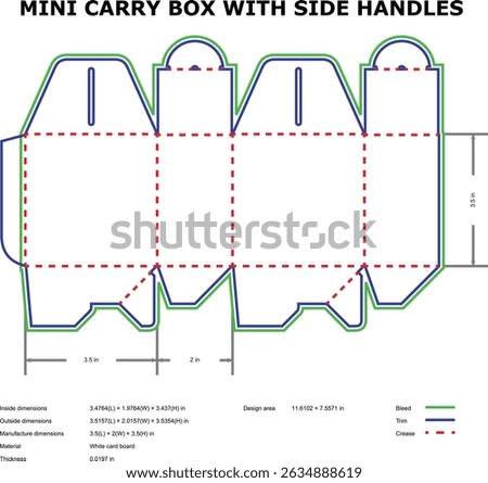 Detailed technical drawing of a mini cardboard carry box with side handles and dimensions