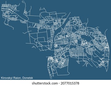 Dibujo técnico detallado de la navegación por las calles urbanas mapa sobre el fondo azul del barrio del distrito de Kirovskyi de la capital regional ucraniana de Donetsk, Ucrania