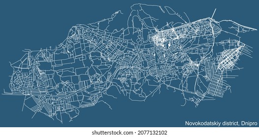 Dibujo técnico detallado de la navegación por las calles urbanas mapa sobre el fondo azul del barrio del distrito Novokodatskyi de la capital regional ucraniana de Dnipro (Dnepropetrovsk), Ucrania