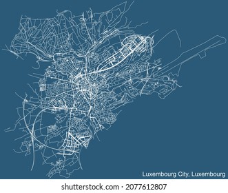 Detailed technical drawing navigation urban street roads map on blue background of Luxembourgish capital city of Luxembourg City, Luxembourg