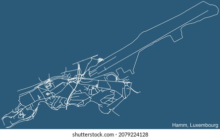 Detailed technical drawing navigation urban street roads map on blue background of the district Hamm Quarter of the Luxembourgish capital city of Luxembourg City, Luxembourg