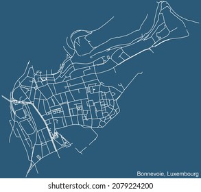 Detailed technical drawing navigation urban street roads map on blue background of the district Bonnevoie Quarter of the Luxembourgish capital city of Luxembourg City, Luxembourg