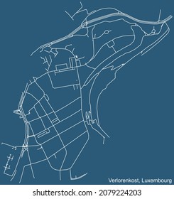 Detailed technical drawing navigation urban street roads map on blue background of the district Verlorenkost Quarter of the Luxembourgish capital city of Luxembourg City, Luxembourg
