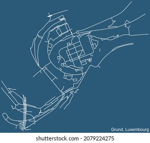 Detaillierte technische Zeichnungen der Stadtstraßen auf blauem Hintergrund des Stadtviertels Grund Quarter der luxemburgischen Hauptstadt Luxemburg-Stadt