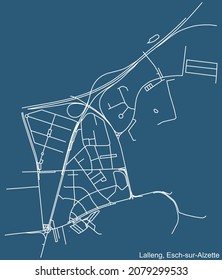 Detailed technical drawing navigation urban street roads map on blue background of the district Lallange Quarter of the Luxembourgish regional capital city of Esch-sur-Alzette, Luxembourg