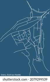 Detailed technical drawing navigation urban street roads map on blue background of the district Grenz Quarter of the Luxembourgish regional capital city of Esch-sur-Alzette, Luxembourg