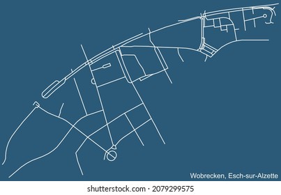 Detailed technical drawing navigation urban street roads map on blue background of the district Wobrécken Quarter of the Luxembourgish regional capital city of Esch-sur-Alzette, Luxembourg