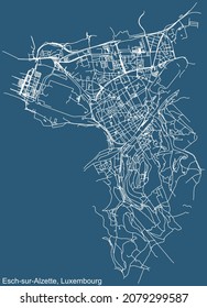 Detailed technical drawing navigation urban street roads map on blue background of Luxembourgish regional capital city of Esch-sur-Alzette, Luxembourg