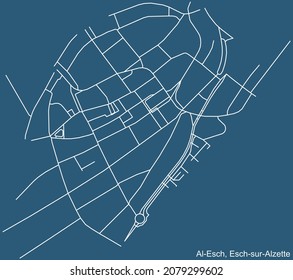 Detailed technical drawing navigation urban street roads map on blue background of the district Al Esch Quarter of the Luxembourgish regional capital city of Esch-sur-Alzette, Luxembourg