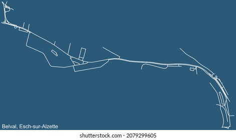 Detailed technical drawing navigation urban street roads map on blue background of the district Belval Quarter of the Luxembourgish regional capital city of Esch-sur-Alzette, Luxembourg