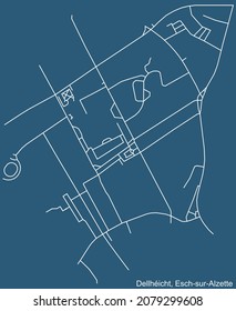 Detailed technical drawing navigation urban street roads map on blue background of the district Dellhéicht Quarter of the Luxembourgish regional capital city of Esch-sur-Alzette, Luxembourg