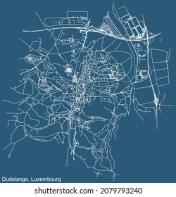 Detailed technical drawing navigation urban street roads map on blue background of Luxembourgish regional capital city of Dudelange, Luxembourg