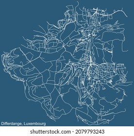 Dibujo técnico detallado de la navegación por las calles urbanas mapa sobre el fondo azul de la capital regional luxemburguesa de Differdange, Luxemburgo
